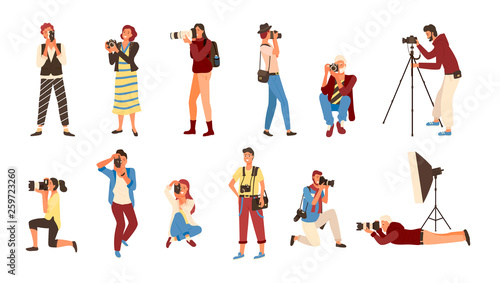 Professional photographers vector, set of people holding cameras. Pictures made by employees , photographs by cameraman. Man and woman experts job