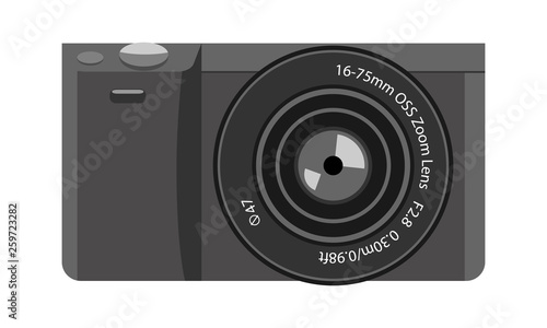 Modern trendy tiny mirrorless camera icon with zoom lens for logo. High detailed flat color vector illustration.