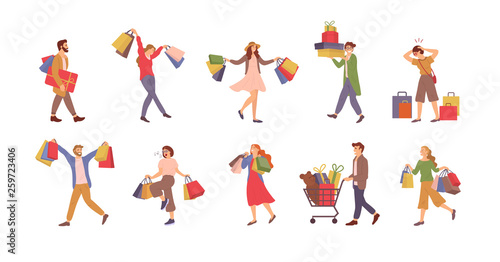 Walking people with bags vector  shopping man and woman holding packages with presents. Cart with bear plush toy  holiday celebration  shopaholics