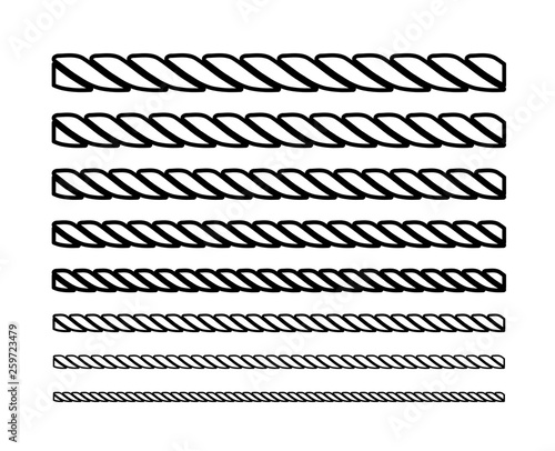 Ropes in the form of circles of different thickness in black and white. Silhouette design. Vector illustration .