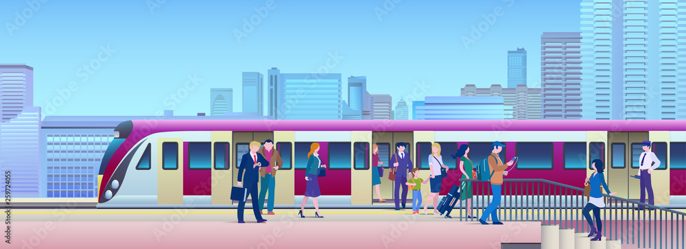 Boarding Train at the Railway Station with city on background Flat Vector Illustration. People get on train from platform. 