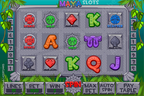 Aztec Slots stone icons. Complete menu of graphical user interface and full set of buttons for classic casino games creation. Vector Interface slot machine in Maya style. Game casino, slot, UI.