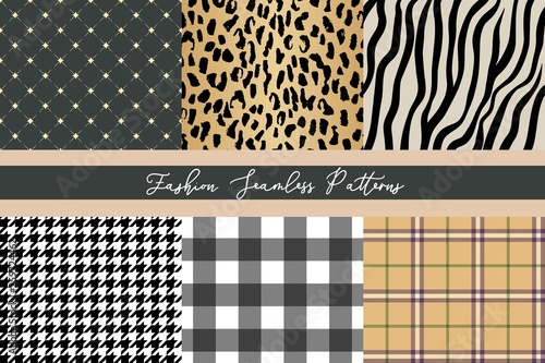 Set of trendy fashion seamless patterns collection, leopard, zebra, plaid, diamond, houndstooth and gingham