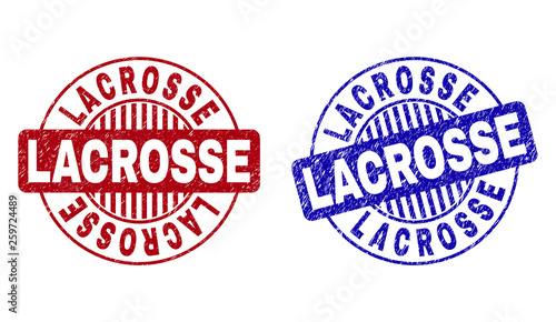 Grunge LACROSSE round stamp seals isolated on a white background. Round seals with distress texture in red and blue colors. Vector rubber overlay of LACROSSE label inside circle form with stripes.