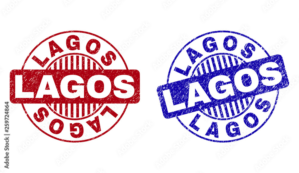 Grunge LAGOS round stamp seals isolated on a white background. Round seals with grunge texture in red and blue colors. Vector rubber watermark of LAGOS caption inside circle form with stripes. Grunge LAGOS round stamp seals isolated on a white background. Round seals with grunge texture in red and blue colors. Vector rubber watermark of LAGOS caption inside circle form with stripes.