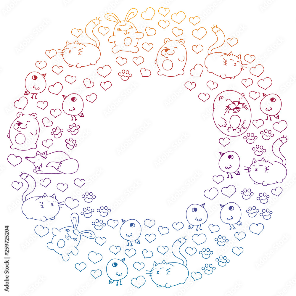 Vector set of beautiful round icons in the form of wild animals for children and design, print, cat ,bear, fox, bird ,hare or rabbit. Round animals with caption on white background. Vector set of beautiful round icons in the form of wild animals for children and design, print, cat ,bear, fox, bird ,hare or rabbit. Round animals with caption on white background.