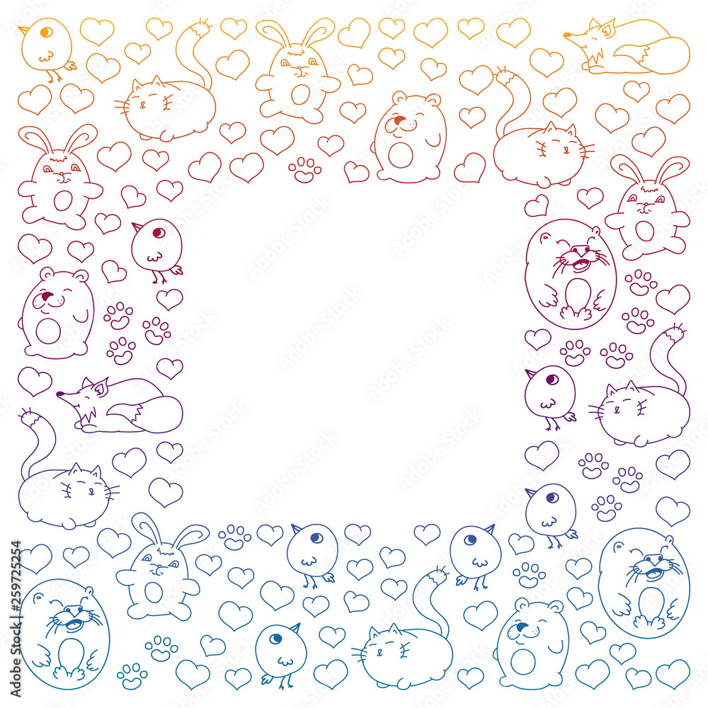 Vector set of beautiful round icons in the form of wild animals for children and design, print, cat ,bear, fox, bird ,hare or rabbit. Round animals with caption on white background.