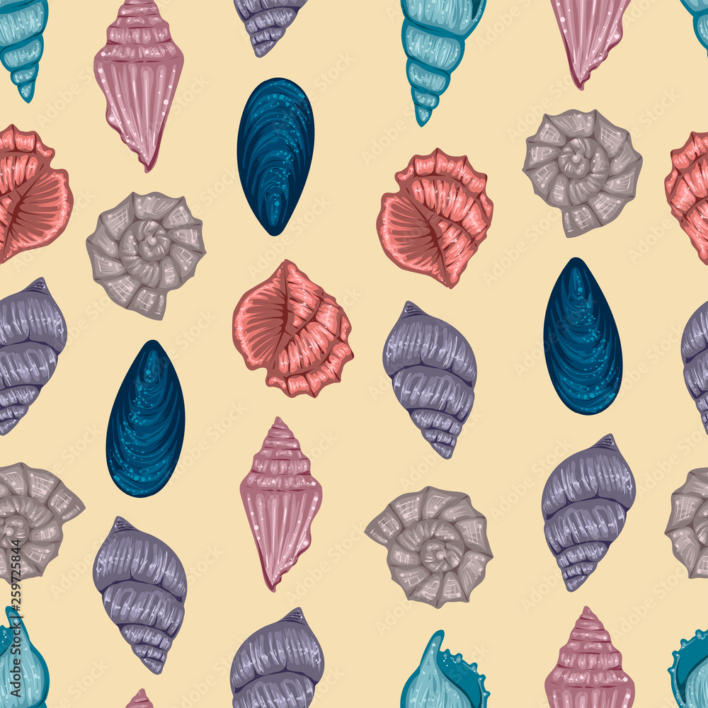 Seamless pattern of different sea shells, vector