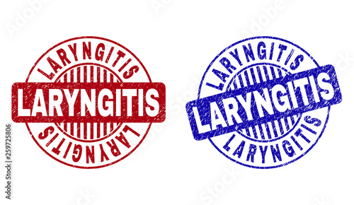 Grunge LARYNGITIS round stamp seals isolated on a white background. Round seals with distress texture in red and blue colors. Vector rubber imprint of LARYNGITIS label inside circle form with stripes.