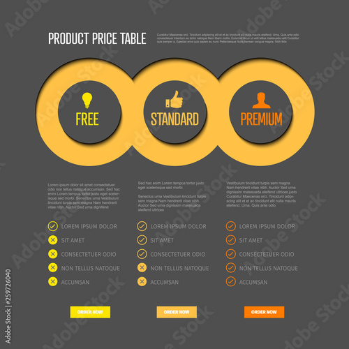 Product price table template