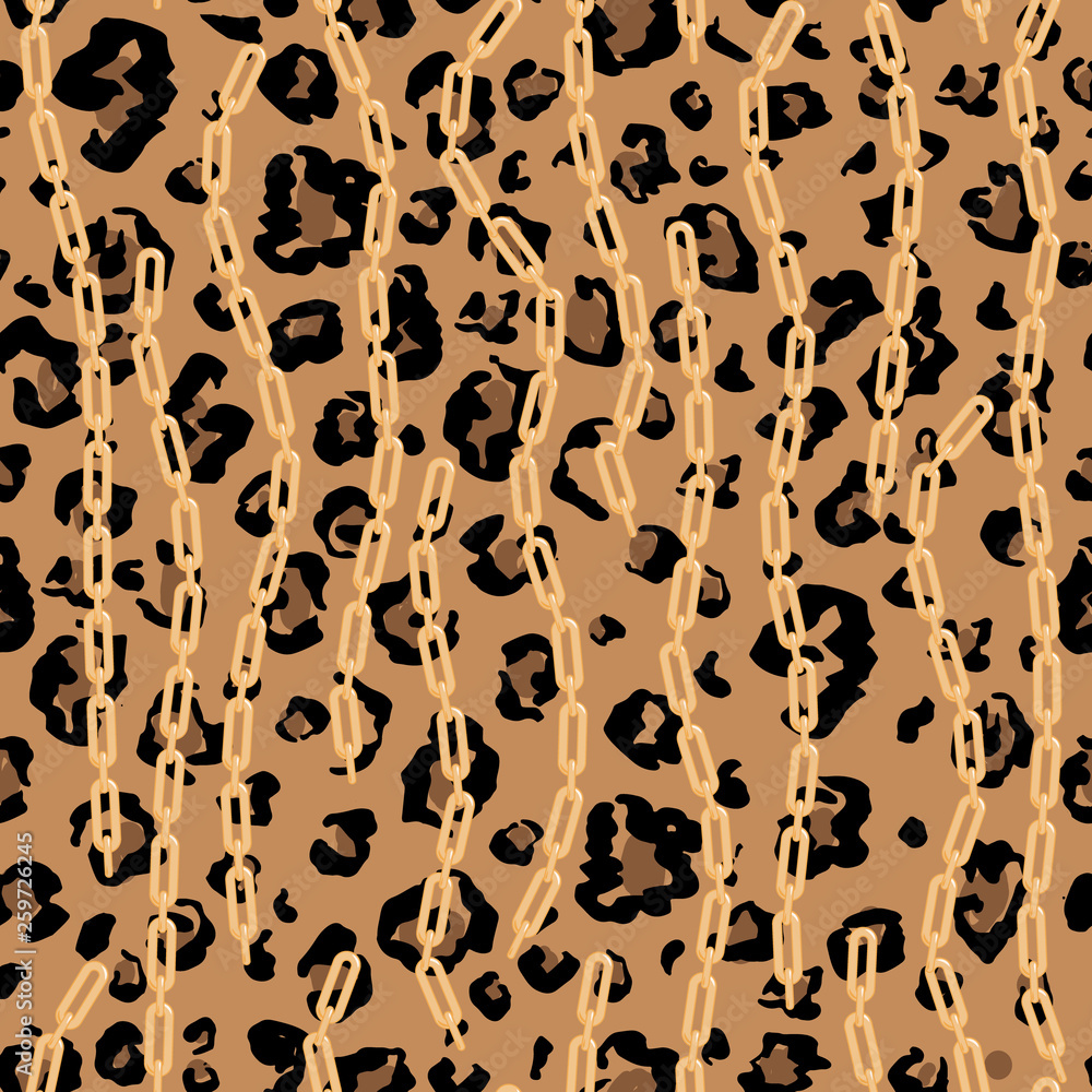 Trendy seamless pattern with gold silver chains on animal skin leopard zebra print for fabric design