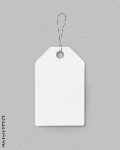 White cardboard price tag with shadow for sale campaign. Realistic paper label template with space for text isolated on grey background. Production promotion and announcement vector illustration.