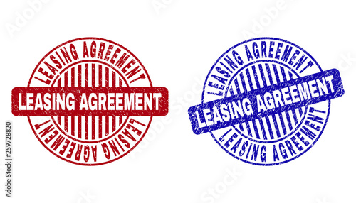 Grunge LEASING AGREEMENT round stamp seals isolated on a white background. Round seals with grunge texture in red and blue colors.