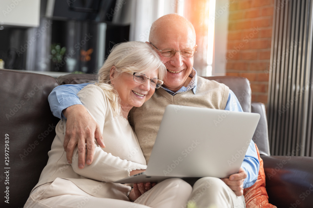 Senior couple browsing the internet together - obrazy, fototapety, plakaty 