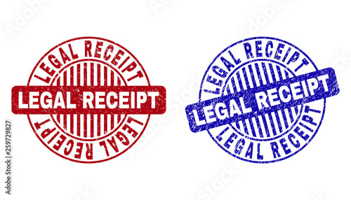 Grunge LEGAL RECEIPT round stamp seals isolated on a white background. Round seals with distress texture in red and blue colors.
