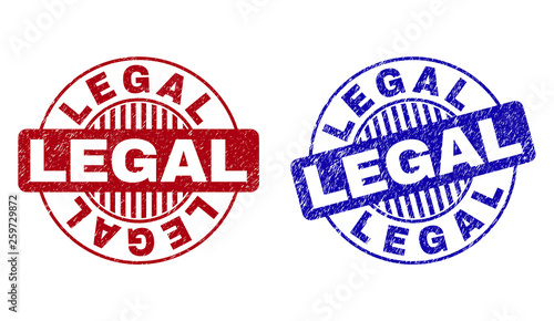 Grunge LEGAL round stamp seals isolated on a white background. Round seals with grunge texture in red and blue colors. Vector rubber overlay of LEGAL caption inside circle form with stripes.