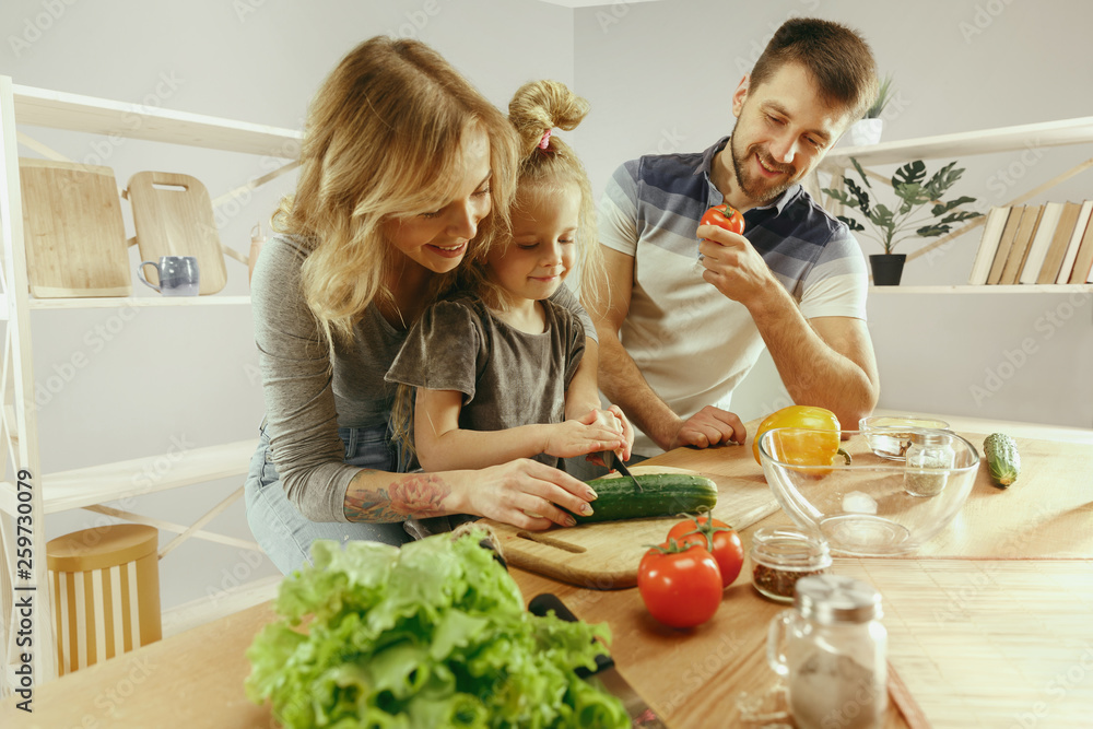 Cute little girl and her beautiful parents are cutting vegetables and smiling while making salad in kitchen at home. Family lifestyle concept Cute little girl and her beautiful parents are cutting vegetables and smiling while making salad in kitchen at home. Family lifestyle concept