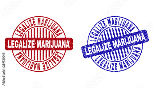 Grunge LEGALIZE MARIJUANA round stamp seals isolated on a white background. Round seals with grunge texture in red and blue colors.