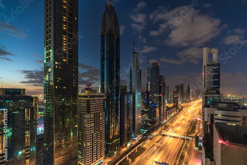 Aerial view of cityscape at sunrise in Dubai.UAE