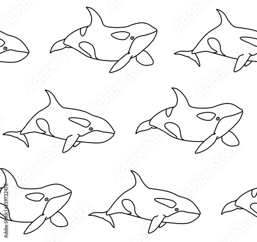 Vector seamless pattern of killer whale in outline style. Line art cartoon orca on white background