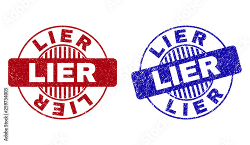Grunge LIER round stamp seals isolated on a white background. Round seals with grunge texture in red and blue colors. Vector rubber watermark of LIER caption inside circle form with stripes.