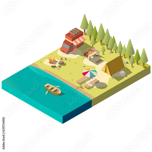 Campsite on river shore isometric projection vector with camping van, tourist tent, fireplace, dinner table and boat with oars in water illustration. Family outdoor recreation, country travel concept