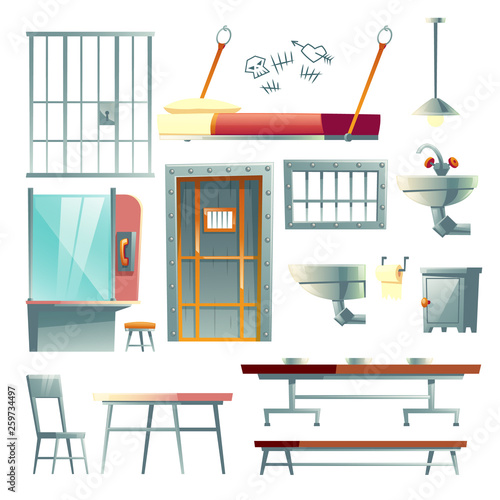 Jail cell, prison dining and visiting room furniture, interior design elements cartoon vector set isolated on white background. Steel bars, table, door, bed, washbasin and toilet bowl illustration