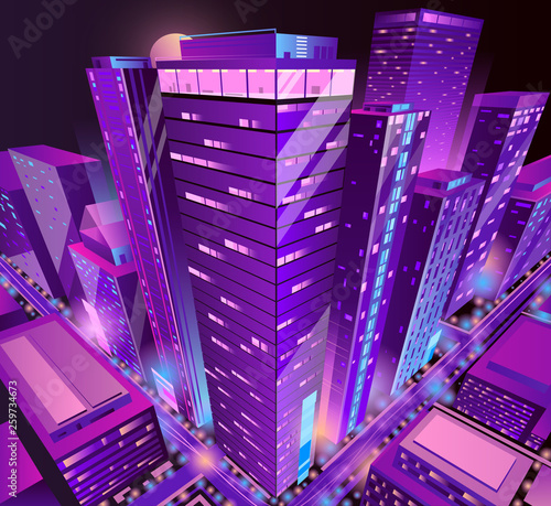 Modern skyscrapers illuminated buildings group isometric projection vector in violet, neon colors. Metropolis downtown district futuristic architecture illustration. Business real estate background