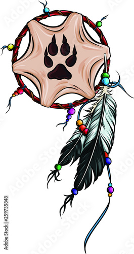 Native american dreamcatcher with leather lamina with wolf paw and feathers vector illustration.