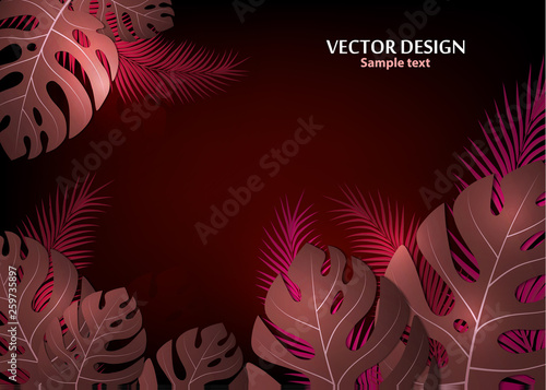 Vector background with tropical monster leaves and palm leaves. Bright abstract background for banner, flyer or cover with copy space for text or emblem - vector graphics