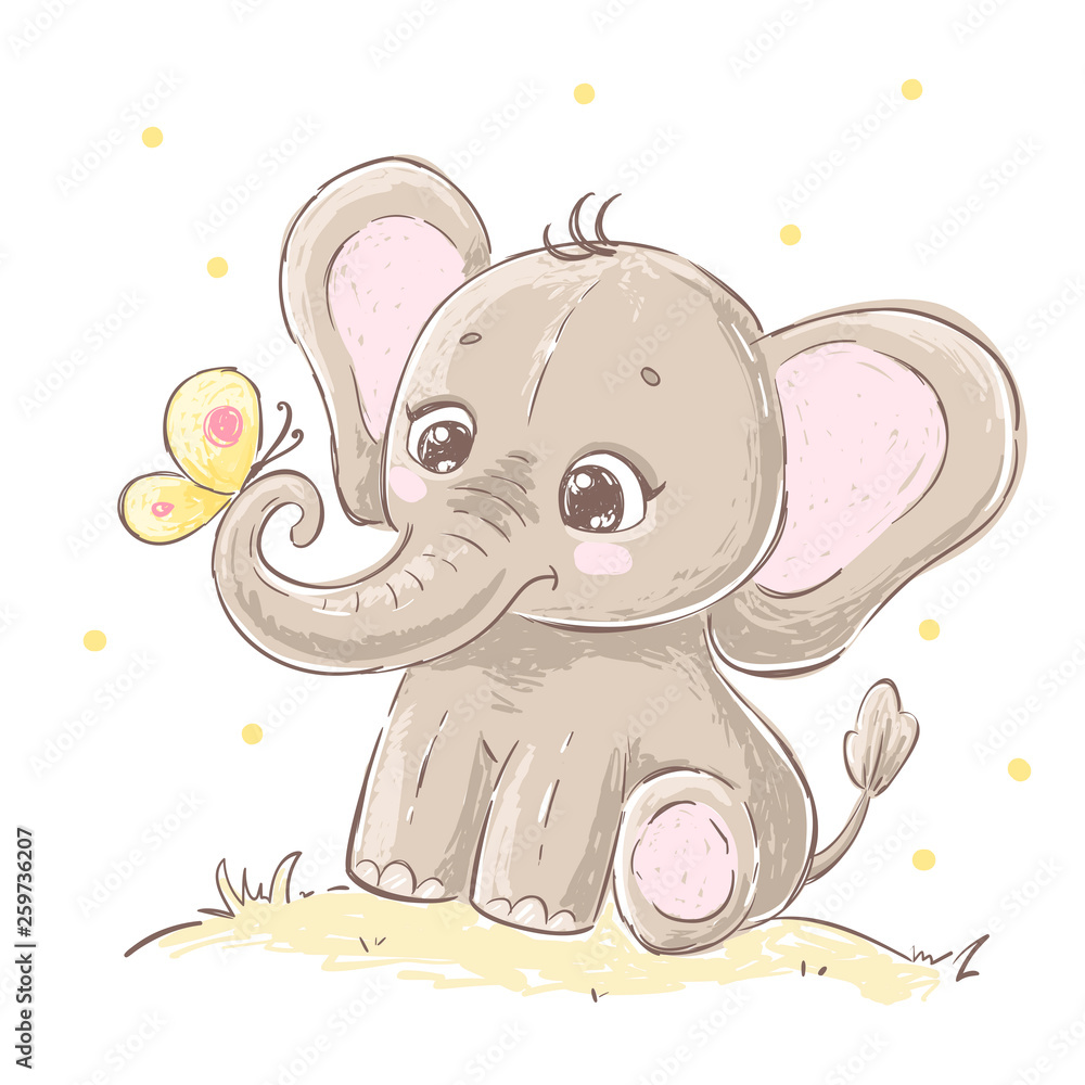 Cute cartoon elephant with butterfly. Hand drawn vector illustration. Stock  Vector | Adobe Stock