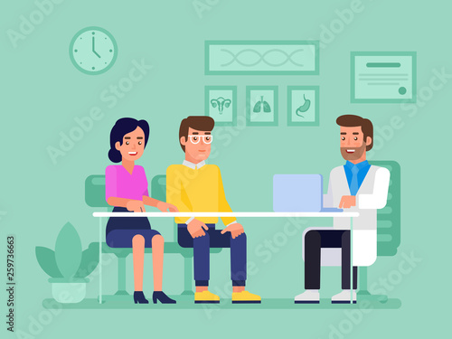 Medical advisor. Family therapy. Happy young couple and confident psychiatrist