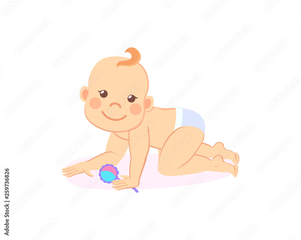Milestones baby of six or seven month standing on knees with rattle in hands isolated infant in diaper. Vector newborn toddler boy or girl with toy Milestones baby of six or seven month standing on knees with rattle in hands isolated infant in diaper. Vector newborn toddler boy or girl with toy