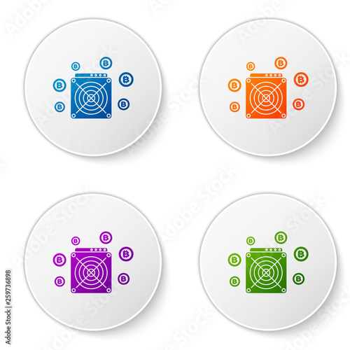 Color ASIC Miner icon isolated on white background. Cryptocurrency mining equipment and hardware. Application specific integrated circuit. Set icons in circle buttons. Vector Illustration