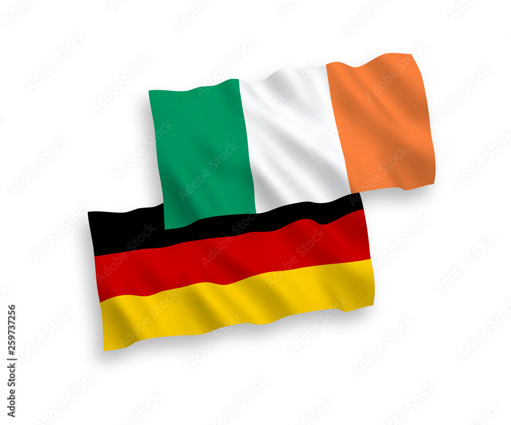 Fototapeta premium National Vector Fabric Wave Flags of Germany and Ireland Isolated on White Background. 1 to 2 proportion.