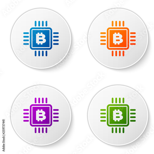 Color CPU mining farm icon isolated on white background. Bitcoin sign inside microchip. Cryptocurrency mining community. Digital money. Set icons in circle buttons. Vector Illustration