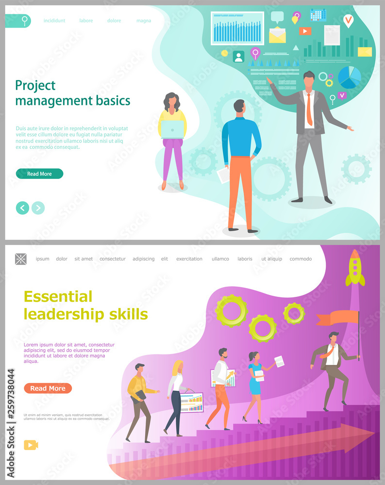 Project management basics, essential leadership skills, teamwork researching process, growing of company, presentation analysis, rising step. Website page template, landing web flat style vector