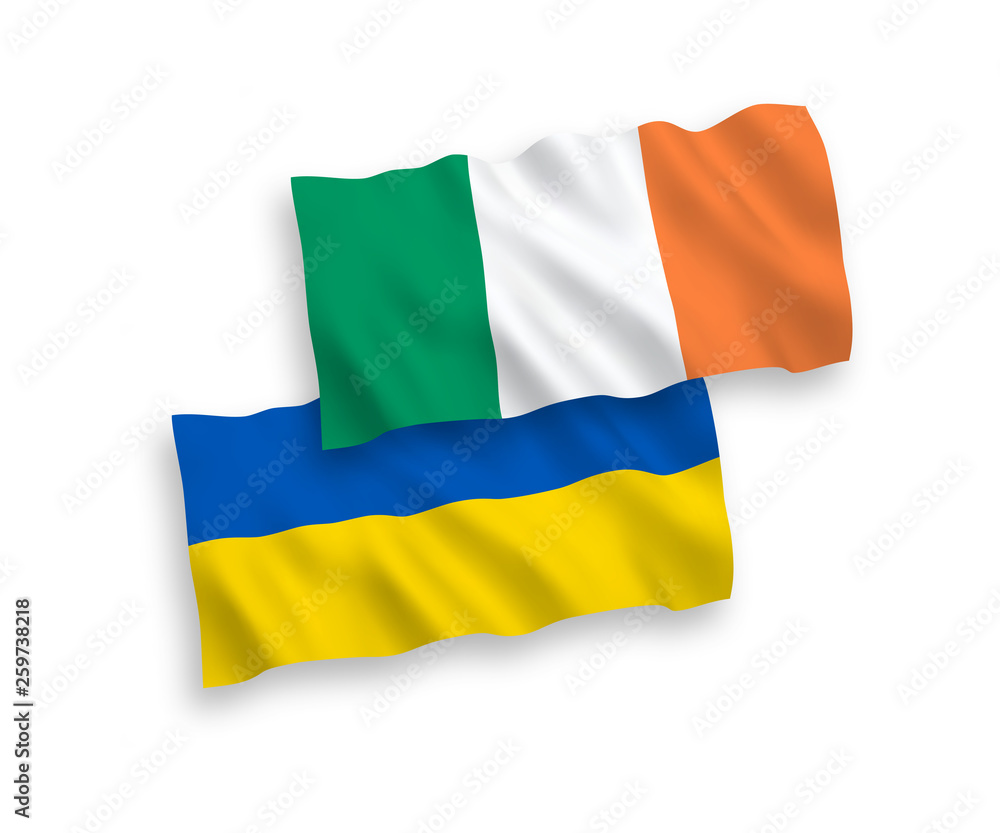 National vector fabric wave flags of Ireland and Ukraine isolated on white background. 1 to 2 proportion. National vector fabric wave flags of Ireland and Ukraine isolated on white background. 1 to 2 proportion.
