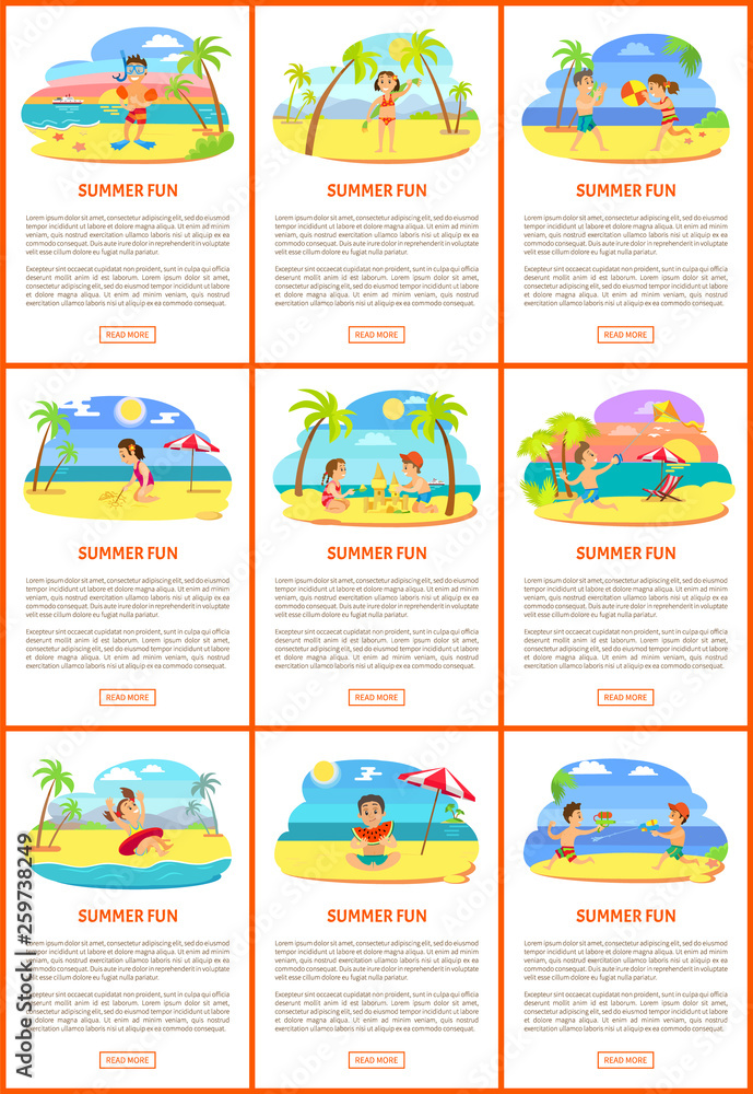 Summer fun vector, children on beach summertime vacation of kids. Seaside tropics, exotic nature. Boy eating watermelon, girl in lifebuoy, drawing on sand