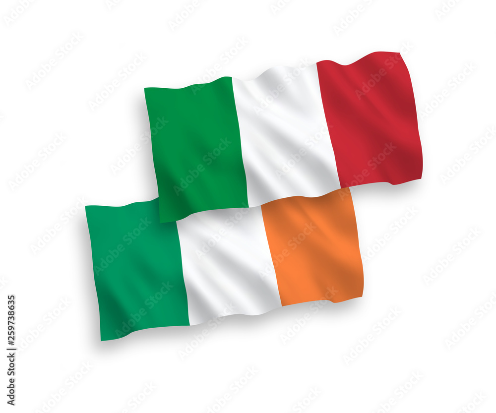 National vector fabric wave flags of Italy and Ireland isolated on white background. 1 to 2 proportion.
