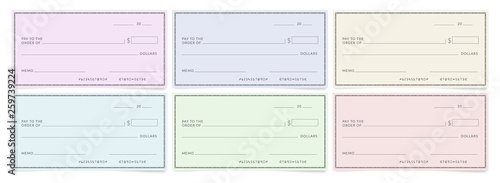 Bank cheques templates. Blank personal desk checks.