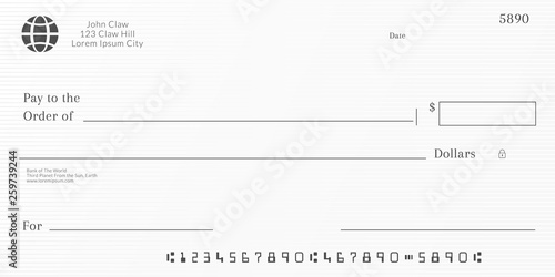 Bank check template. Checkbook page background with empty fields.