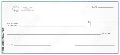Blank template of the bank check. Checkbook cheque page with empty fields to fill.