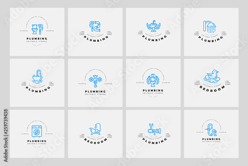 Vector icon and logo of plumbing. Editable outline stroke size. Line flat contour, thin and linear design. Simple icons. Concept illustration. Sign, symbol, element.