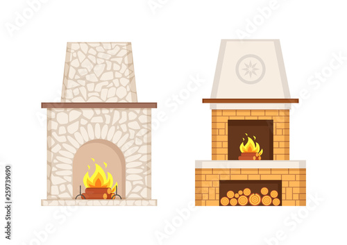 Fireplace with flames and burning logs icons set vector. Stone and brick pavement of furnace, prolonged chimney type, storage for wooden branches