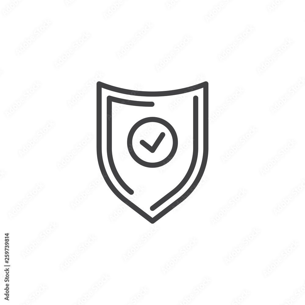 Protected security shield line icon. Add Done certified shield linear style sign for mobile concept and web design. Shield with check mark outline vector icon. Symbol, logo illustration. Pixel perfect Protected security shield line icon. Add Done certified shield linear style sign for mobile concept and web design. Shield with check mark outline vector icon. Symbol, logo illustration. Pixel perfect