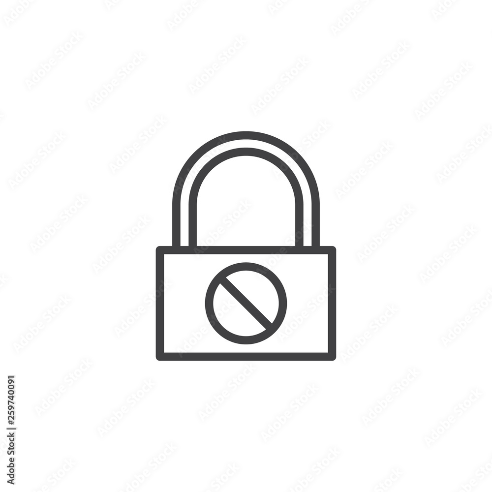 Prohibited protection lock line icon. linear style sign for mobile concept and web design. Forbidden padlock outline vector icon. No password encryption symbol, logo illustration. Pixel perfect vector Prohibited protection lock line icon. linear style sign for mobile concept and web design. Forbidden padlock outline vector icon. No password encryption symbol, logo illustration. Pixel perfect vector