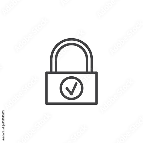 Protected lock line icon. Padlock with check mark linear style sign for mobile concept and web design. Password private protection outline vector icon. Symbol, logo illustration. Pixel perfect vector 