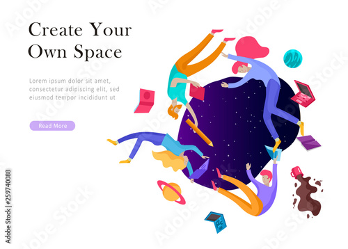 landing page template. Inspired People flying. Create your own spase. Character moving and floating in dreams, imagination and freedom inspiration design work. Flat design style