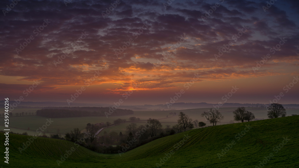 Sunrise over Hambledon and the South Downs National Park, Hampshire, UK